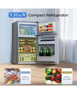 3.2 cubic foot mini fridge with separate freezer compartment and double door design is perfect for a basement, apartment, dorm room or office