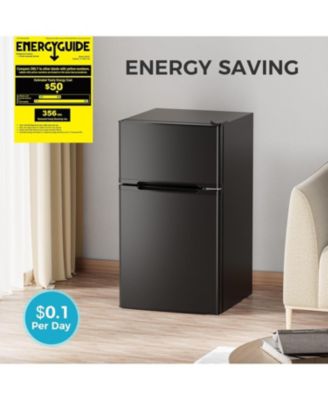 3.2 cubic foot mini fridge with separate freezer compartment and double door design is perfect for a basement, apartment, dorm room or office