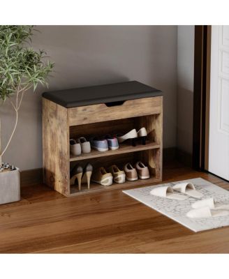 Shoe bench with shelves, natural wooden shoe rack with 3 storage compartments, Entryway Bench