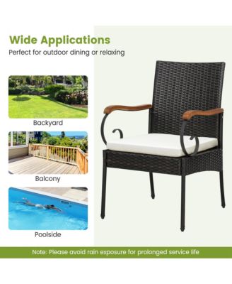 2PCS Patio PE Wicker Chairs Acacia Wood Armrests withSoft Zippered Cushion Garden