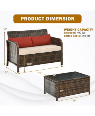 2PCS Patio Rattan Furniture Set Cushioned Loveseat Table Garden Deck