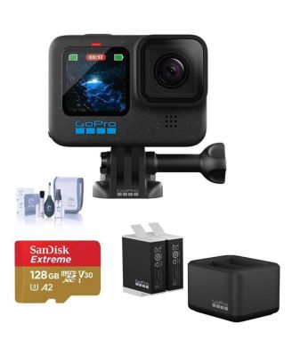 HERO12 Black Camera Bundle: Waterproof Action Cam with Go Pro Dual Battery Charger, & 2x GoPro Enduro Batteries, and 128GB Micro SD Card