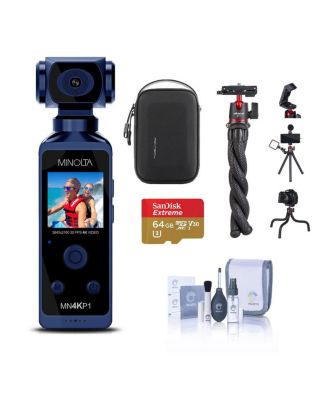 MN4KP1 4K Ultra HD Wi-Fi Enabled Pocket Camcorder, Blue Bundle with 64GB microSD Card, Carrying Case, Octopus Tripod, Cleaning Kit