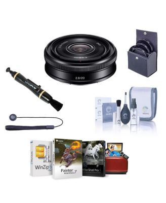 E 20mm f/2.8 Lens for Sony E, Black, Bundle with 49mm Filter Kit, Lens Cleaner, Cleaning Kit, Lens Cap Tether, Mac Software Kit