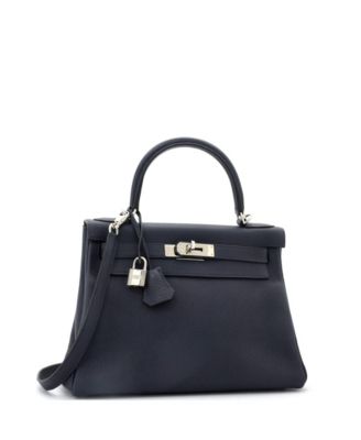 Бывшая в употреблении сумка Hermes Kelly 28 синего цвета из Того с палладиевой фурнитурой