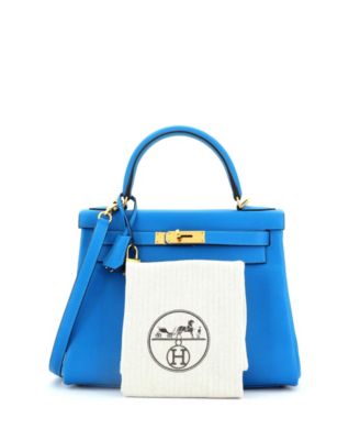 Бывшая в употреблении сумка Hermes Kelly 28 синего цвета Evercolor с золотой фурнитурой