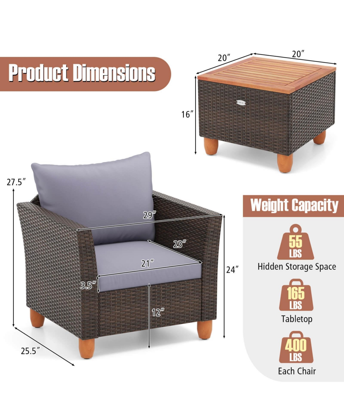 3 Pcs Outdoor Patio Rattan Bistro Furniture Set Wooden Table Top Cushioned Sofa