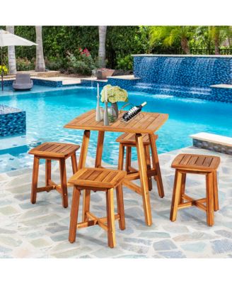 5PCS Acacia Patio Dining Set W/Square Table & 4 Stools Reddish