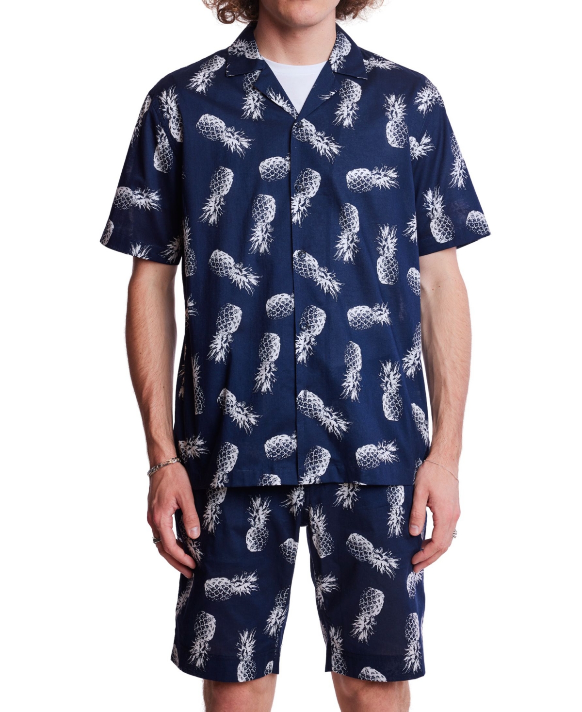 Men's Slim Fit Short Sleeve Pineapple Print Button Front Camp Shirt - Navy Pineapple