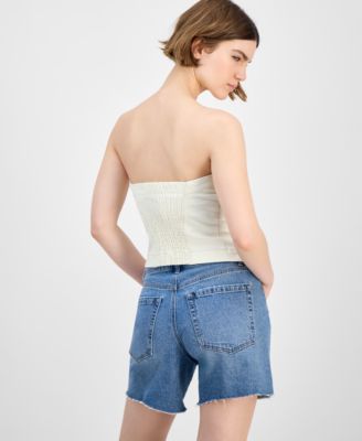 Women's Button-Front Smocked-Back Denim Tube Top, Exclusively at Macy's 