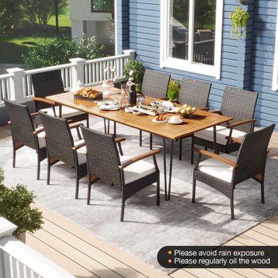 9 PCS Outdoor Patio Dining Set Armchairs Set of 8 and Acacia Wood Square Table