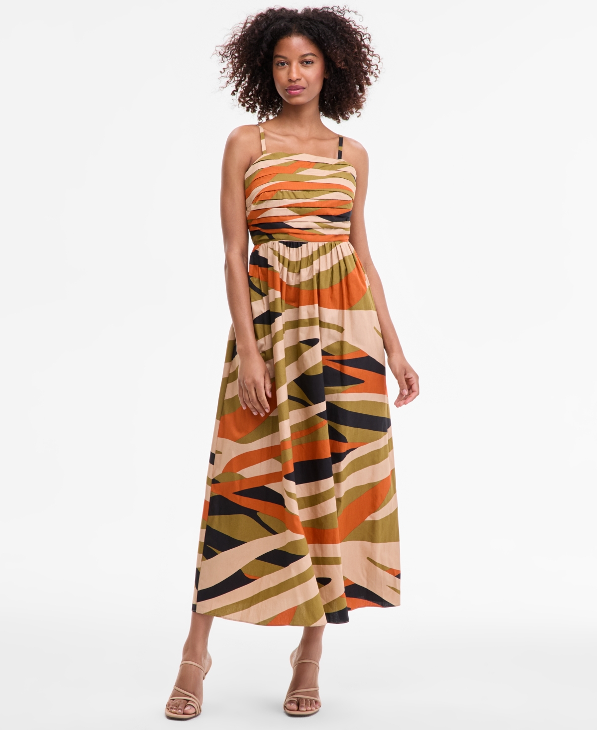 Women's Cotton Pleated-Bodice Tie-Back Midi Dress - Olive Drab