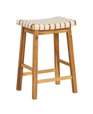 Woven Saddle Stools Set of 2 25.5'' Faux PU Leather Counter Height Kitchen Stool