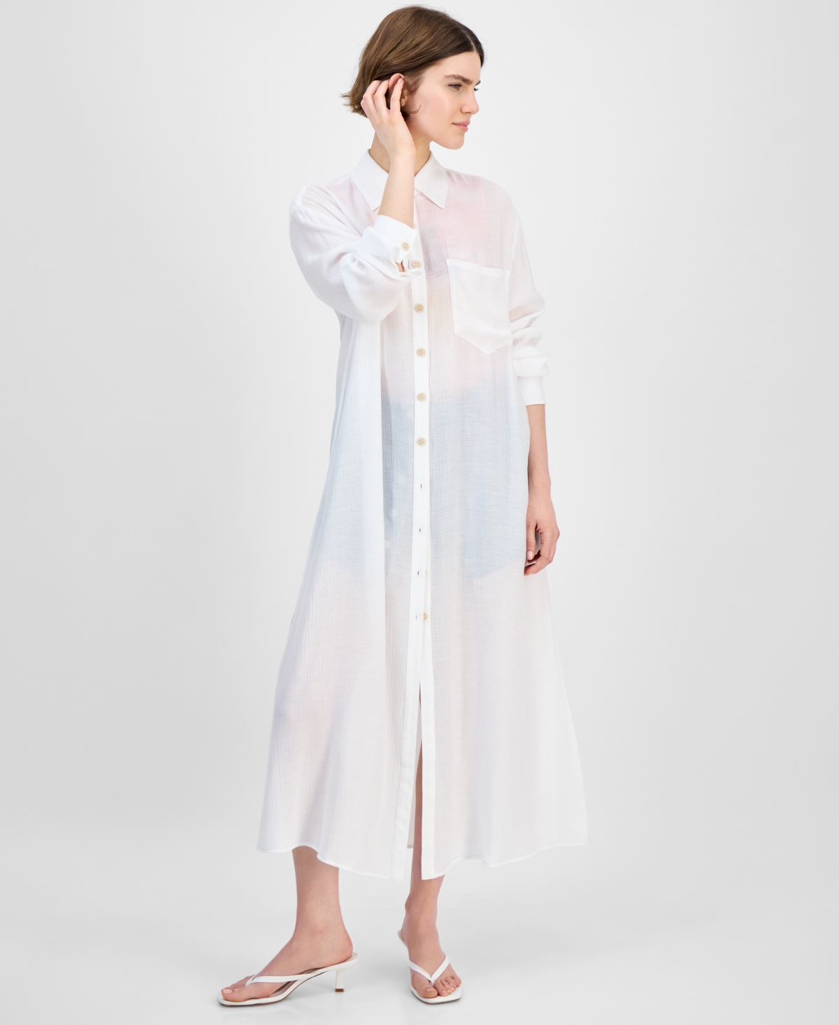 Women's Oversized Button-Front Long-Sleeve Shirt, Exclusively at Macy's - Crema