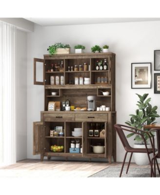 Kitchen Freestanding Hutch Cabinet with Microwave Countertop