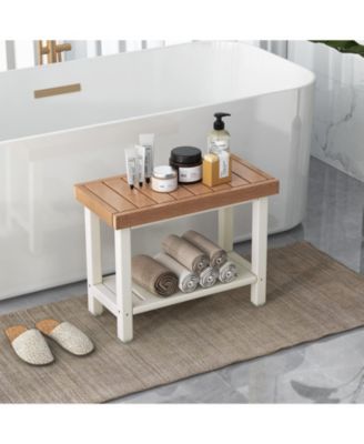 2-Tier HDPE Shower Chair with Storage Shelf and Anti-slip Foot Pads for Bath Spa-Brown