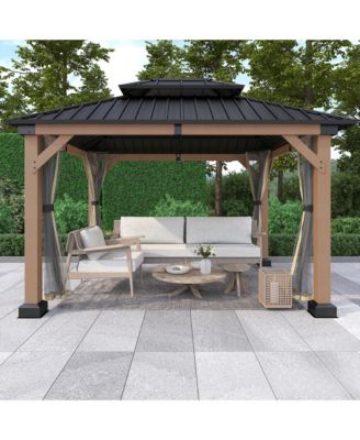 12 ft. x 10 ft. Outdoor Fir Solid Wood Frame Patio Gazebo Canopy Shelter with Galvanized Steel Hardtop Roof Pavilion
