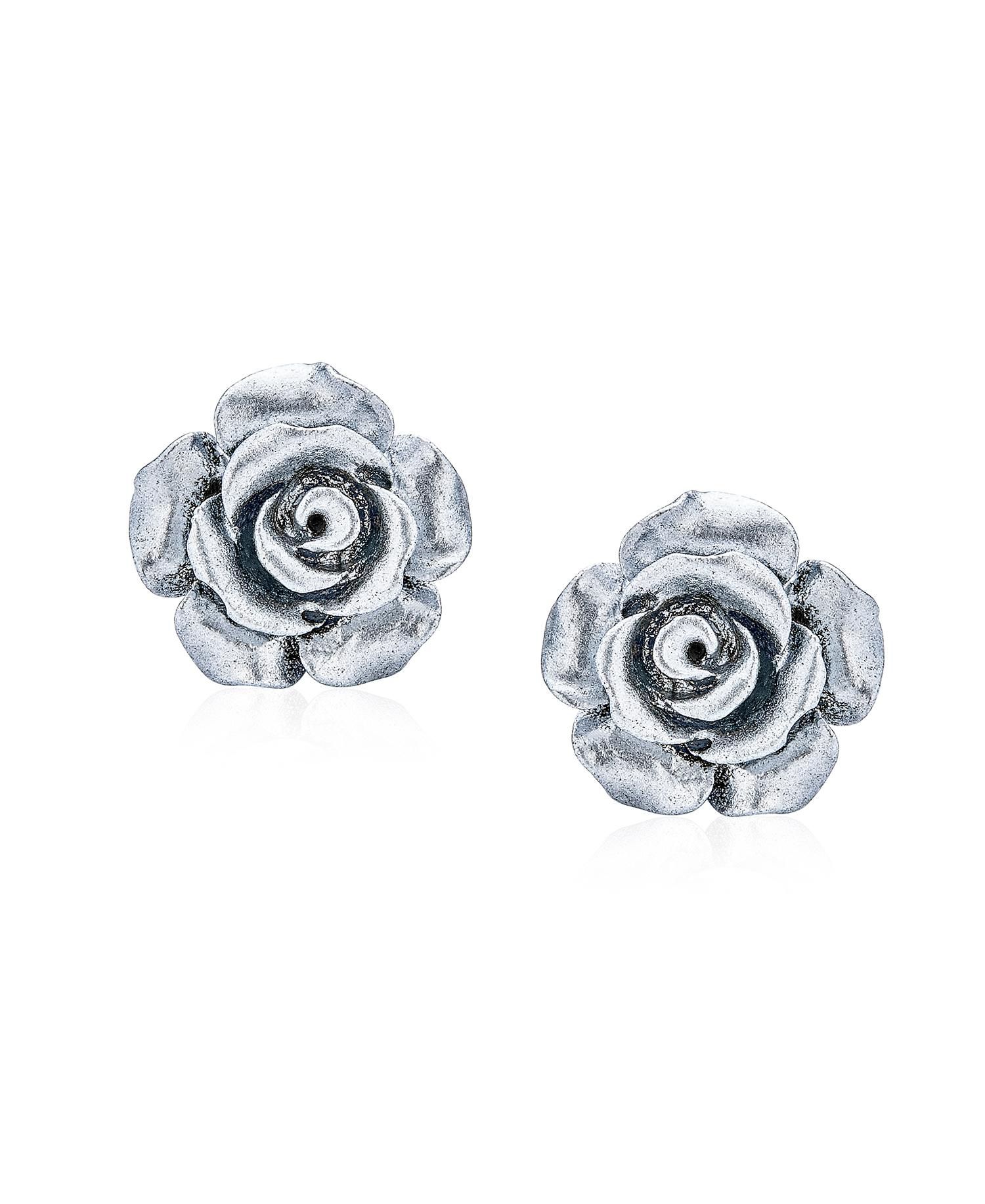3D Rose Stud Earrings .925 Sterling Silver Post White, Blue, Pink (3 Set)