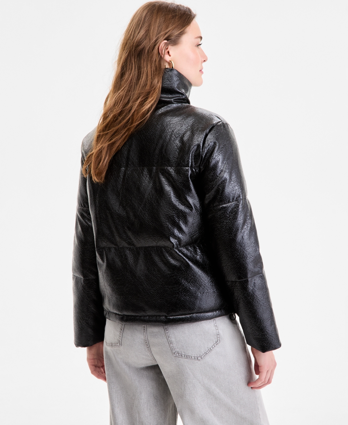 Steve Madden Women's Textured Faux-leather Puffer Coat In Black