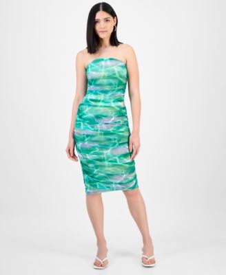 Bar III - Women's Printed Ruched Mesh Strapless Dress