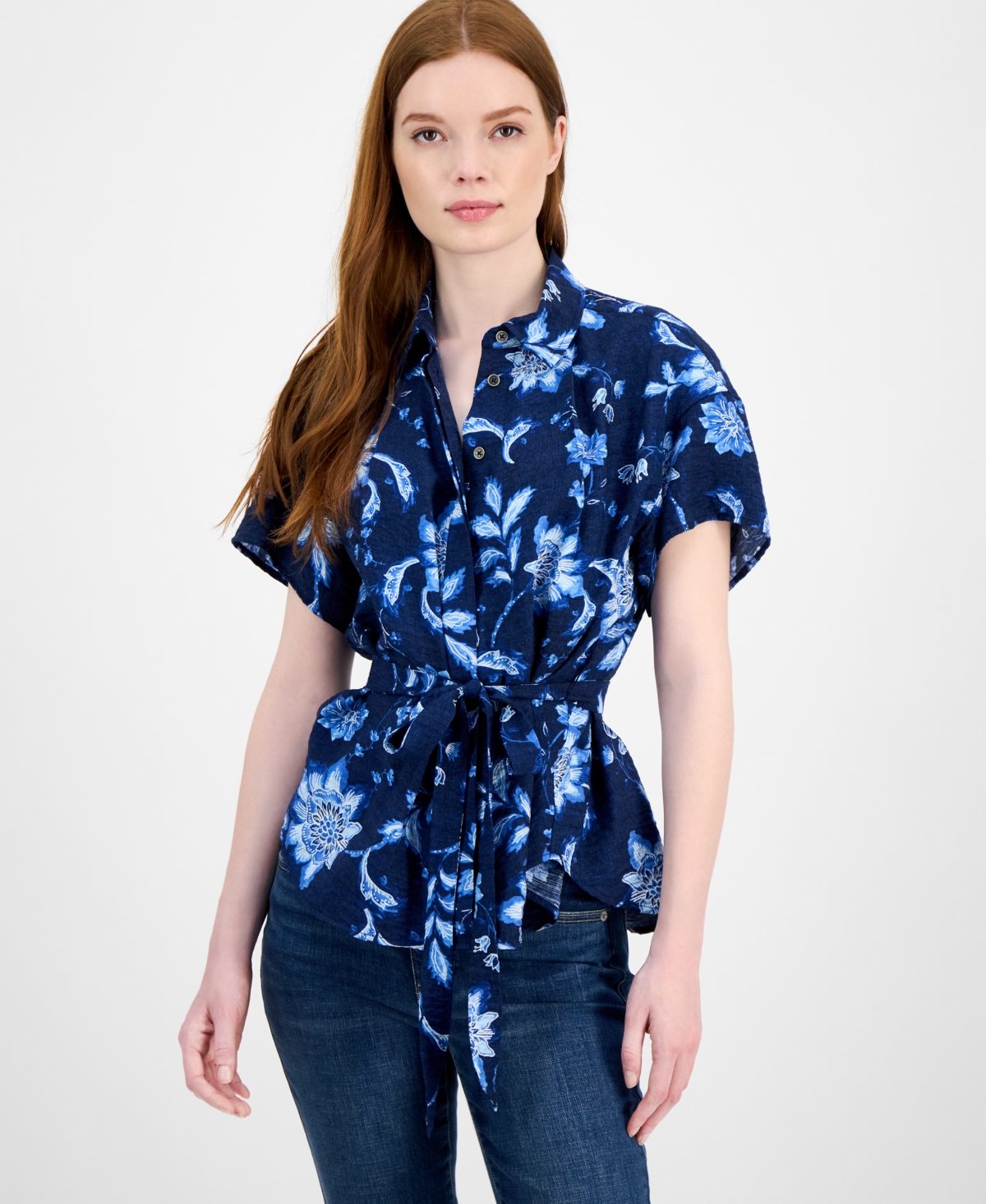 Tommy Hilfiger Women's Floral-print Belted Blouse
