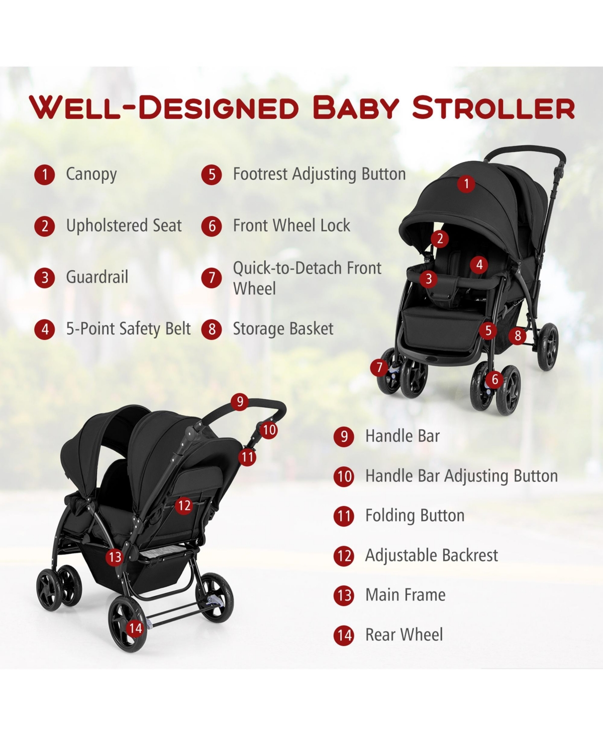 Costway Baby Twin Double Stroller Lightweight Travel Pushchair