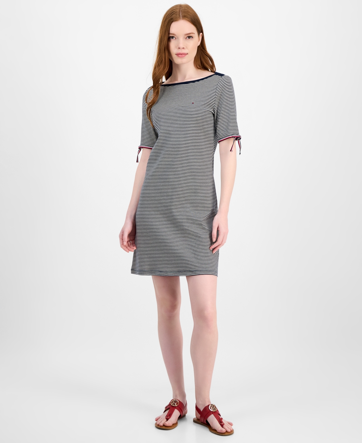 Women's Striped Cotton Boat-Neck Tie-Sleeve Dress - Sky Captain Multi