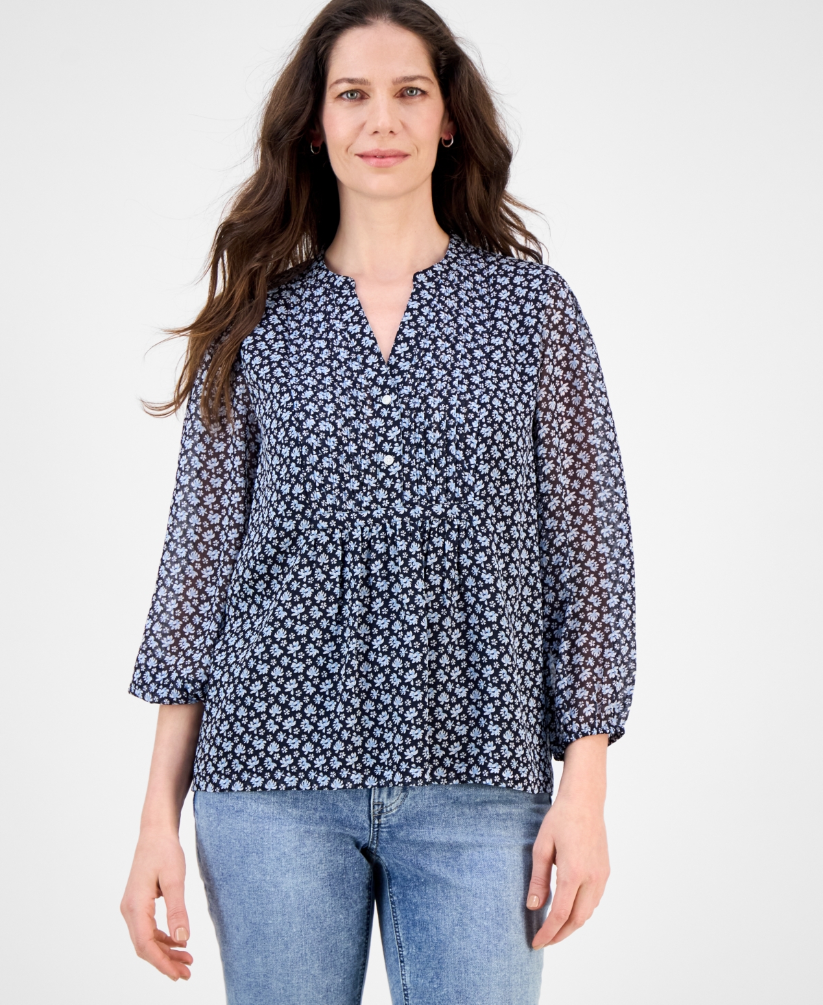 Women's Floral-Print Pintucked Blouse - Night Sky Multi