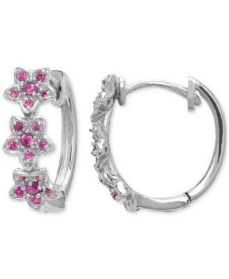 Macy's - Lab Grown Pink Sapphire Flower Small Hoop Earrings (5/8 ct. t.w.) in Sterling Silver, 0.69"