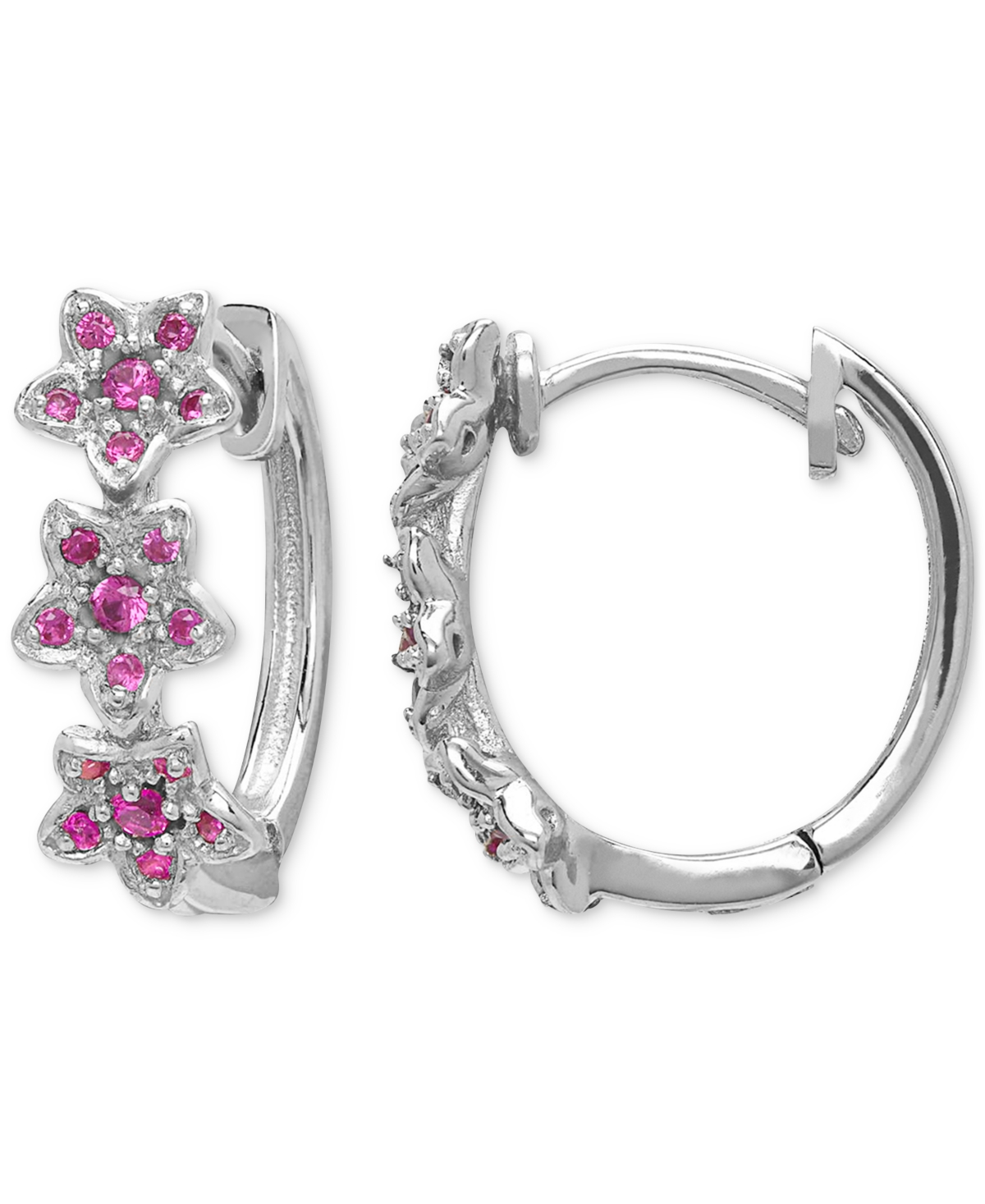 Lab Grown Pink Sapphire Flower Small Hoop Earrings (5/8 ct. t.w.) in Sterling Silver, 0.69" - Pink Sapphire