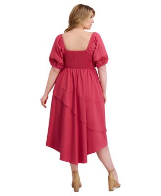 Plus Size Puff-Sleeve Asymmetric-Hem Midi Dress