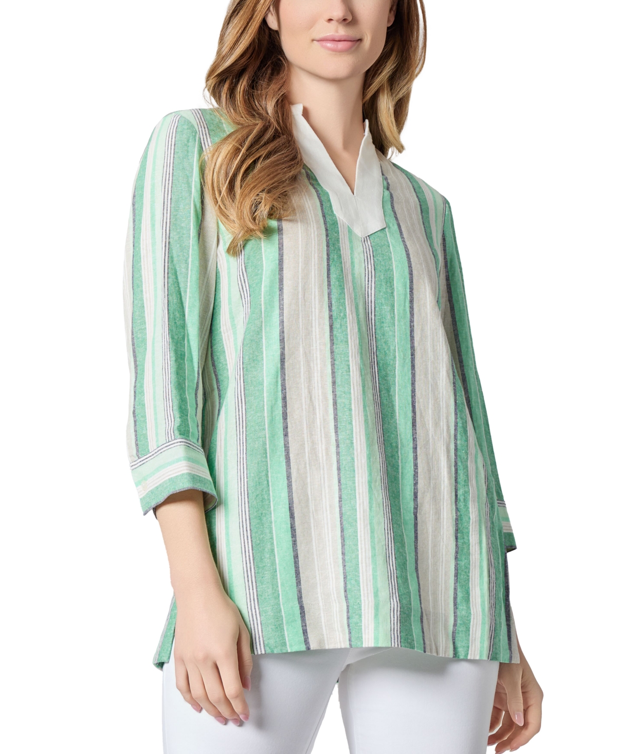 Women's Striped Split-Neck 3/4-Sleeve Top - Apple Green Multi