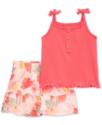 Baby Girls Ribbed Tank Top & Floral Pull-On Skort, 2 Piece Set