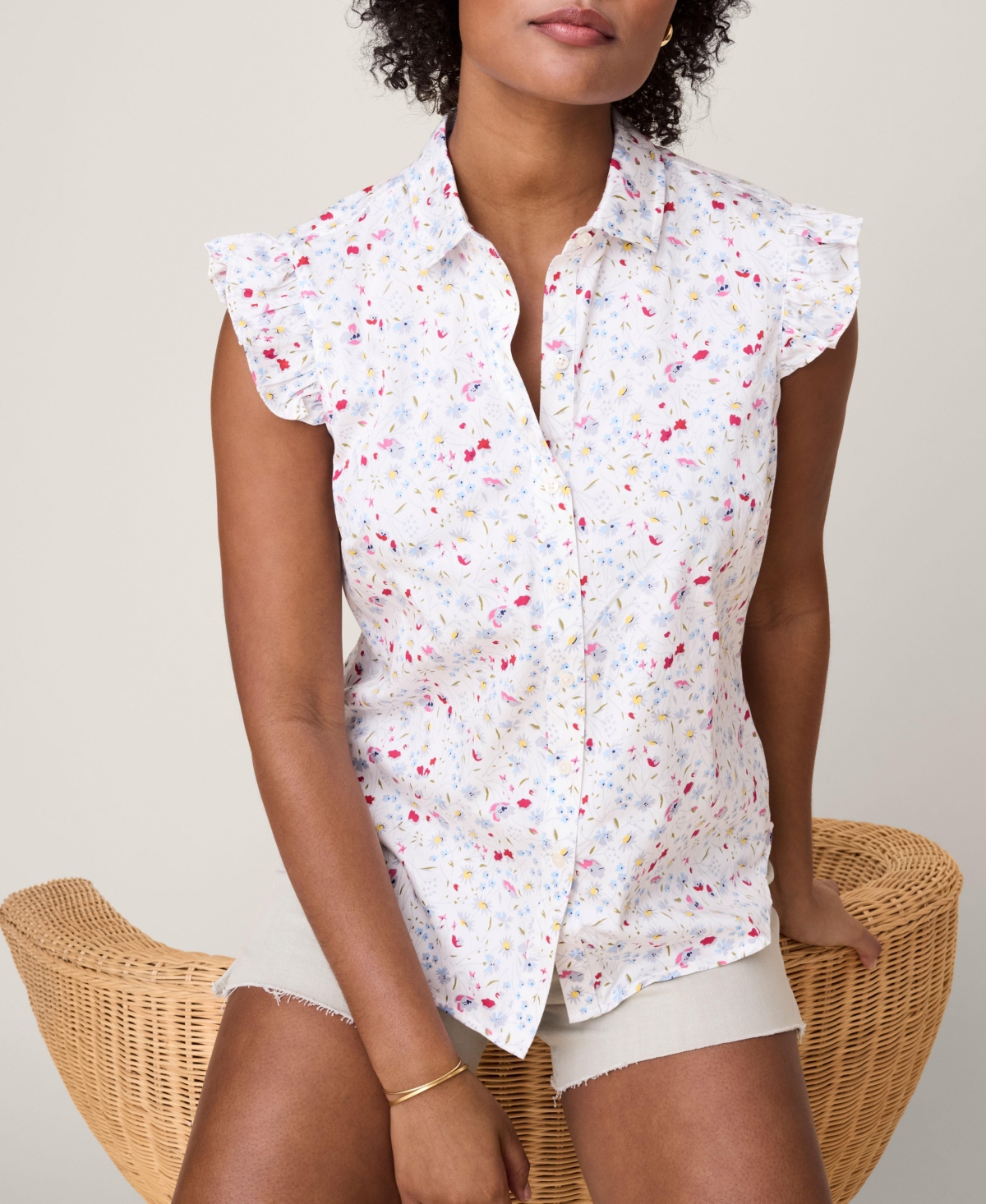 Women's Cotton Stretch Flutter Sleeve Anne Shirt - White