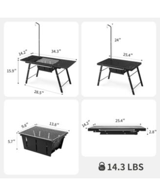 Portable IGT Table with Charcoal Grill, Folding Camping Table and BBQ Grill with Desk Extension & Lantern Stand