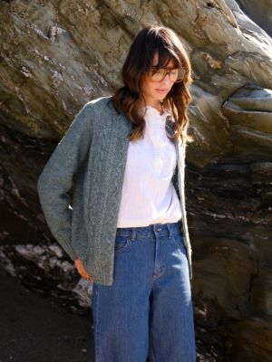 Women's Wool Zip Cardigan with Cable Knit