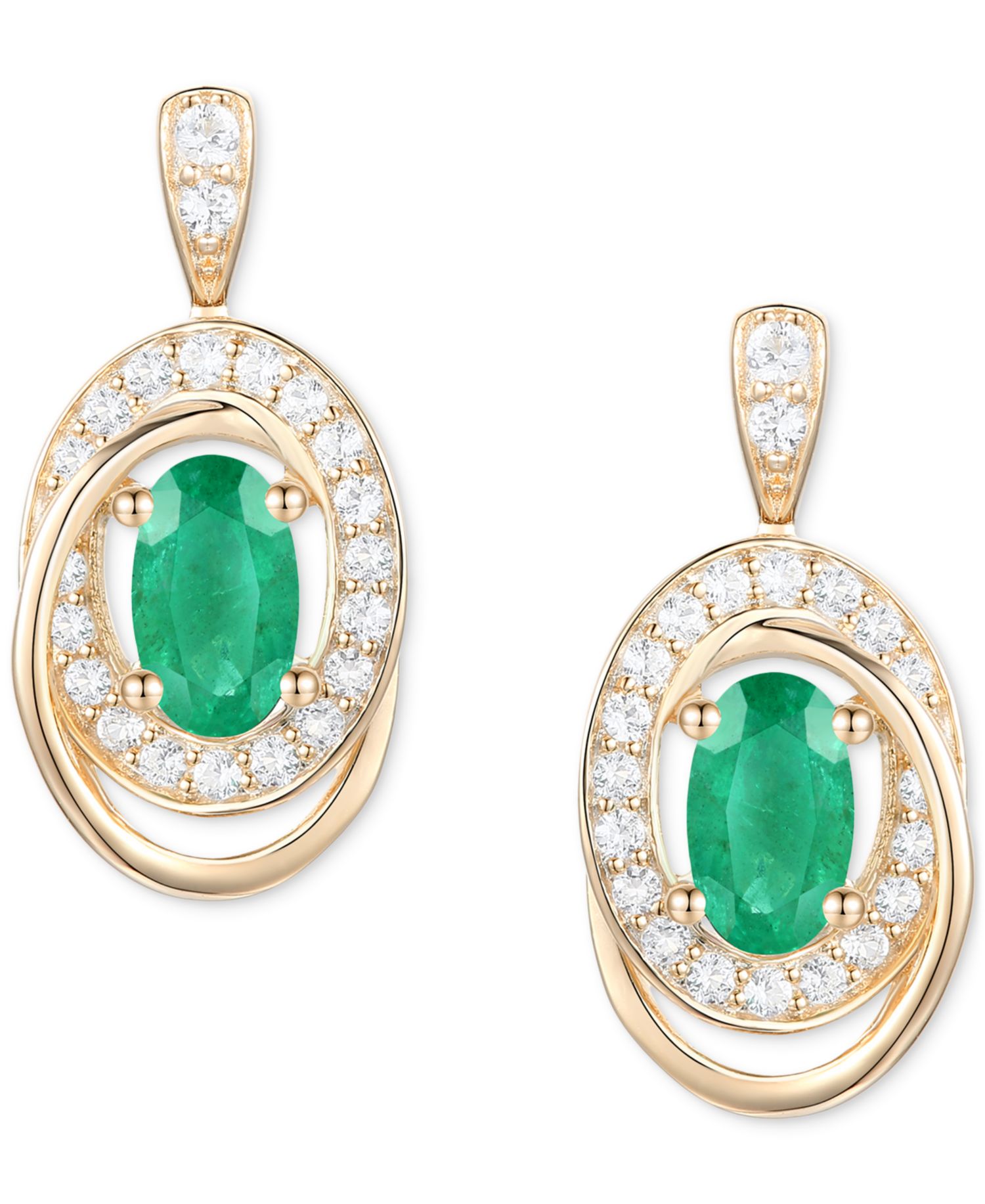 Emerald (3/8 ct. t.w.) & Diamond (1/5 ct. t.w.) Oval Swirl Drop Earrings in 14k Gold (Also in Ruby & Sapphire)