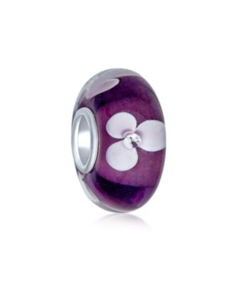 Set of 4 White Purple Flower Murano Glass Spacer Charm Bead Sterling Silver Core