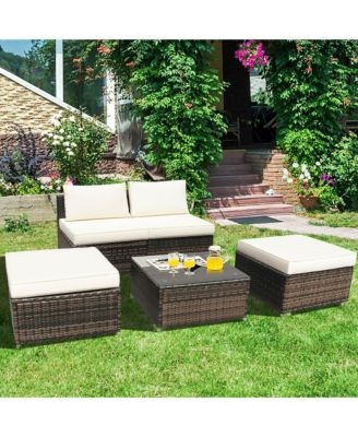 5PCS Patio Rattan Wicker Furniture Set Armless Sofa Ottoman Cushioned Garden