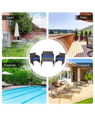 4PCS Patio Rattan Furniture Set Cushioned Chair Sofa Coffee Table