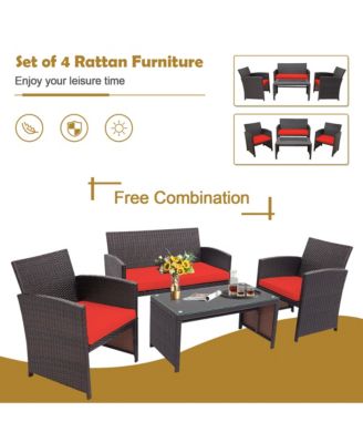 4PCS Patio Rattan Furniture Set Cushioned Chair Sofa Coffee Table