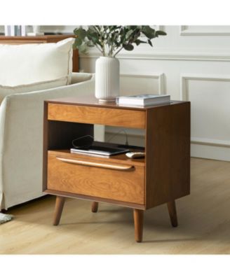 Jeraldo Mid-Century Modern 2-Drawer End Table with Built-In Outlets and Wooden Handle
