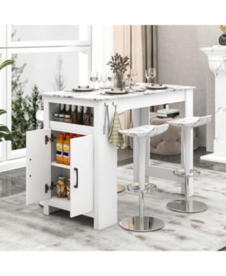 Faux Marble Bar Table with Storage Shelf and 7 Hooks for Home Bar or Kitchen