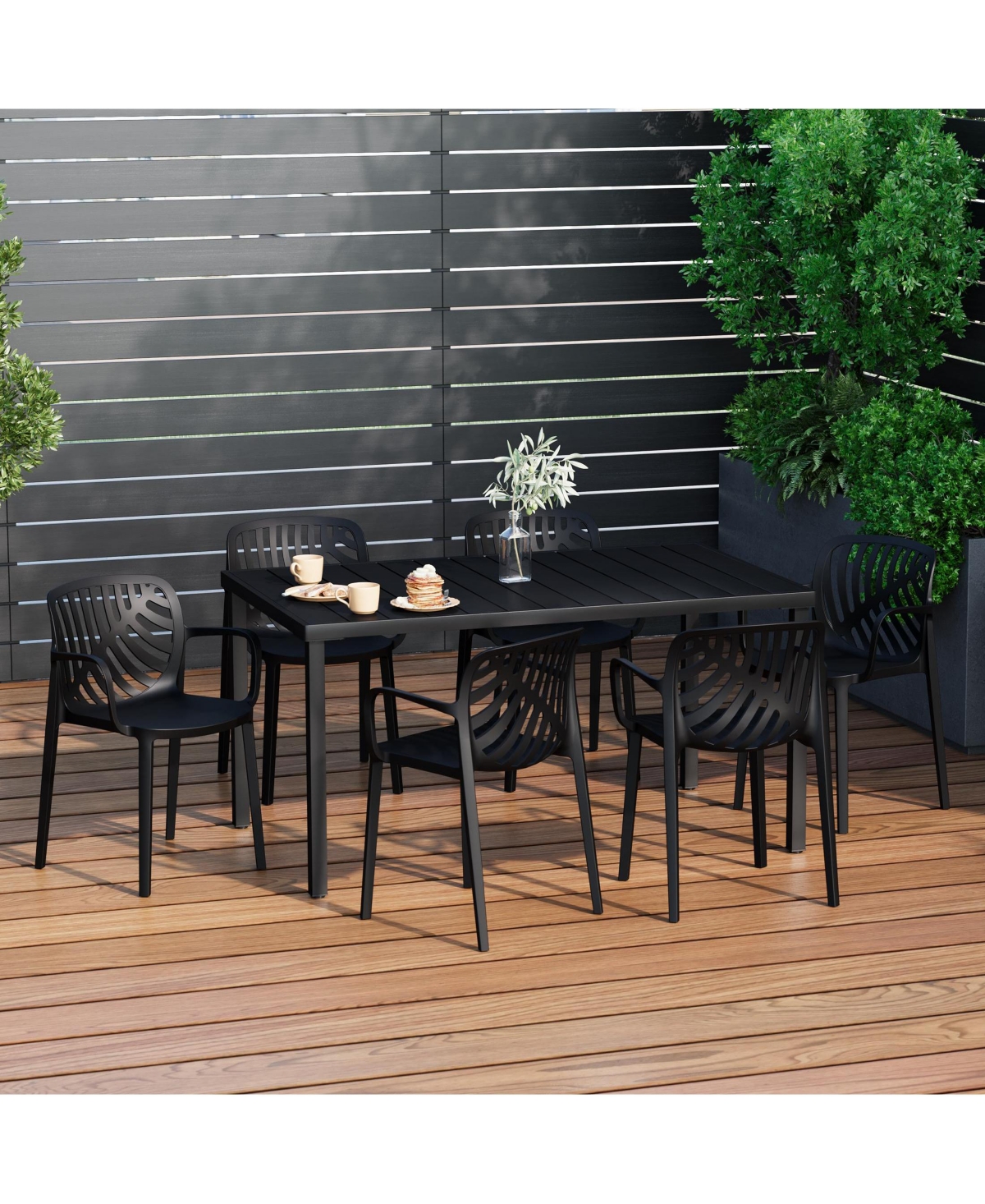 7-Piece Outdoor Metal Rectangle Patio Dining Table Set With Stackable Resin Chairs