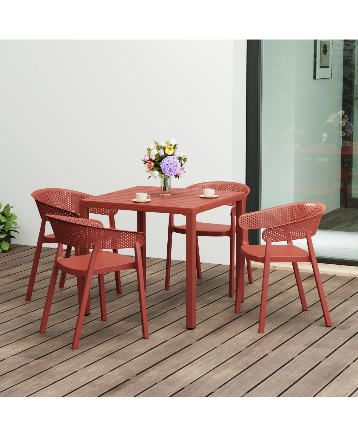 5-Piece Outdoor Metal Frame Square Dining Table Patio Set with Stackable Chairs