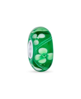 Set of 4 Green Floral Hibiscus Glass Charm Bead Silver for European Bracelet