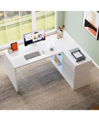 L-Shaped Executive Office Desk, Computer Desk with 3 Drawers, Modern Corner Home Office Executive Desk with LED Lights and 2 Storage Shelves for Work Study Writing