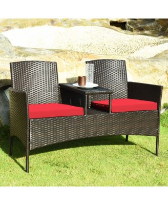 Patio Rattan Loveseat Sofa Cushioned Coffee Table