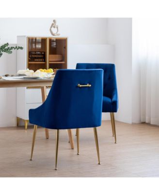 Modern Velvet Upholstered Dining Chairs Set of 2, Mid Century Side Chairs with 5.12” Cushions and Back Pull Rod for Kitchen, Living Room