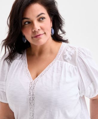 Plus Size V-Neck Short-Sleeve Contrast-Trim Top, Exclusively at Macy's 